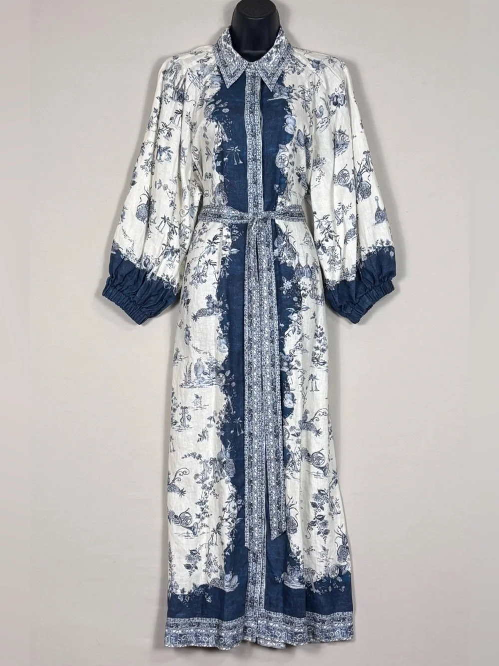 ALEMAIS Linen Toile Print Belted Maxi Dress Pockets Blue White US 12 - Picture 3 of 7